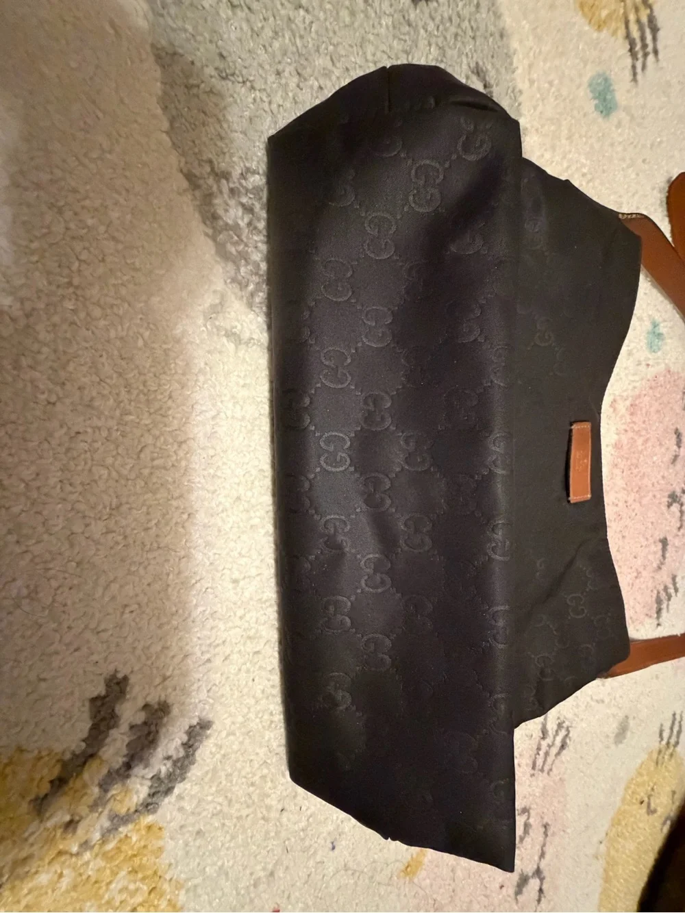 Gucci Black Monogram Messenger Bag with Brown Leather Strap
